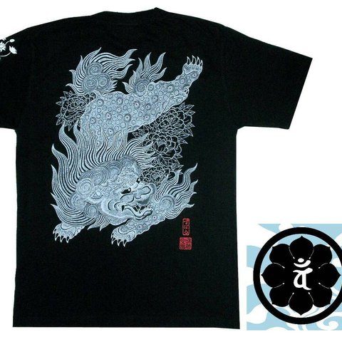 手描きプリントTシャツ「唐獅子牡丹」XＳサイズ