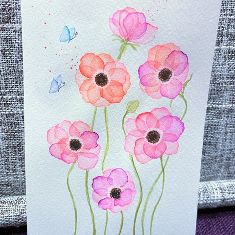水彩画　絵画　原画『ピンクの花々』