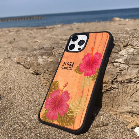 iphoneウッドパネルケース ハイビスカスの花柄プリント haibiscus フラガール フラダンス 赤い花びら ハワイのお花 州花 モンステラリーフ