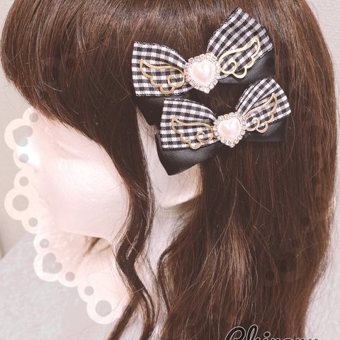 ♡ギンガムエンジェルハートリボン ヘアクリップ♡ ロリィタ ロリータ メイド コンカフェ 地雷 量産型 プレゼント ギフト ヲタ活 ツインテール キッズアクセ ヘアメ 推し色 デコラ 天使界隈