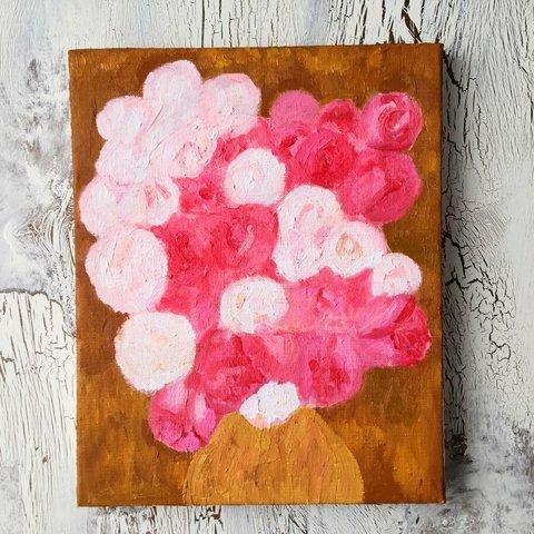 絵画「花瓶のピンクと白の薔薇」F3・油彩・原画・裏紐付き