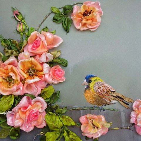 手刺繍 リボン刺繍 アート 鳥 薔薇 タペストリー壁掛け ハチドリ ハンドメイド