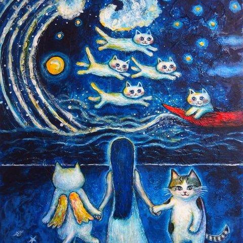 原画 「大波と飛び猫の月夜に」 F10号  ＃絵画 ＃通販 ＃猫の絵 ＃天使猫の絵 ＃海の絵 ＃星月夜の絵