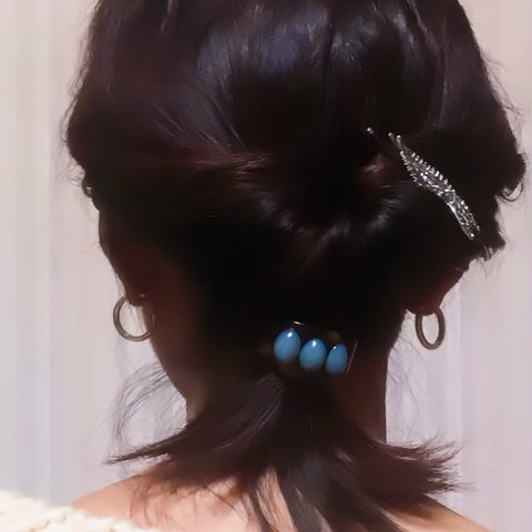 大ぶり ヴィンテージ 風 ハンドメイド ヘアゴム べっ甲 べっこう カーブ プレート ブルー オーバル カボション