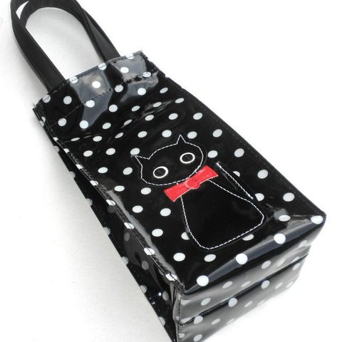猫柄 トートバッグ 小さめ ペットボトル 水筒 カバー ケース 500m 猫グッズ 雑貨 プレゼント かわいい 人気  安い ネクタイ猫  ブラック　