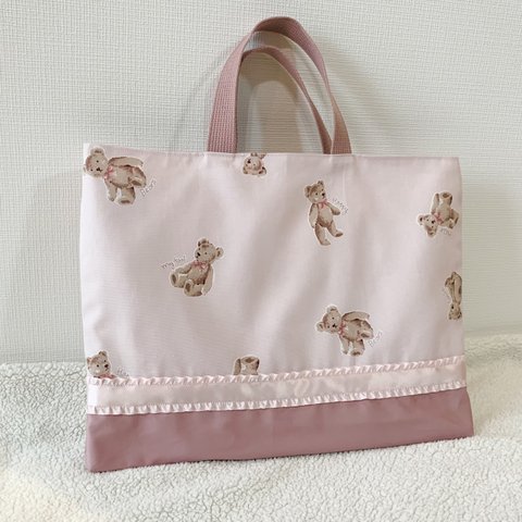 ♡レッスンバッグ♡ 上品＆かわいい［ベビーピンクフリル］フリル付きくまさん　内ポケット付き🎀