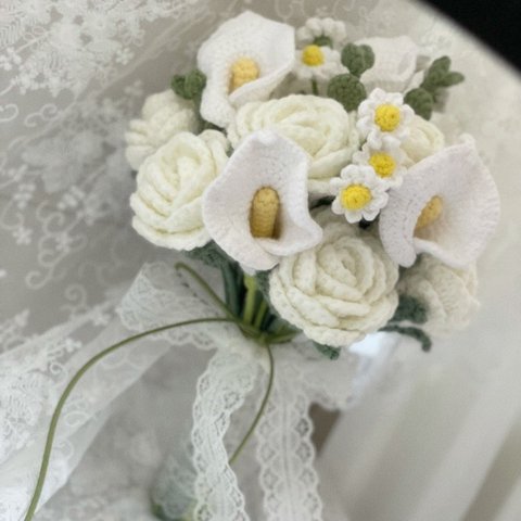 受注製作 ☆ブーケ ブーケトス 結婚式 花嫁 ウェディング 花束 かぎ編み 毛糸 手編み 枯れない花 バラ チューリップ カラー