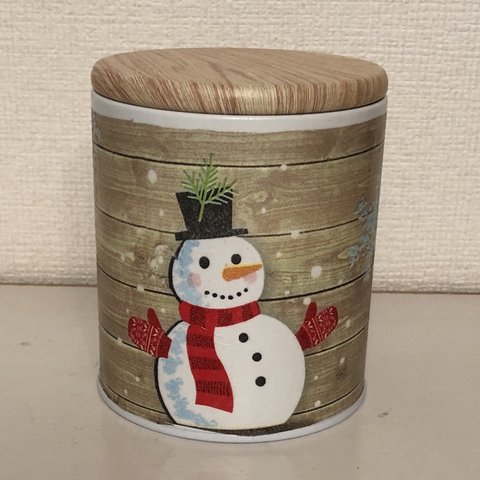 送料無料　受注作成　雪だるま蓋付き小物入れ　雪だるま収納缶　雪だるま雑貨　木目調蓋