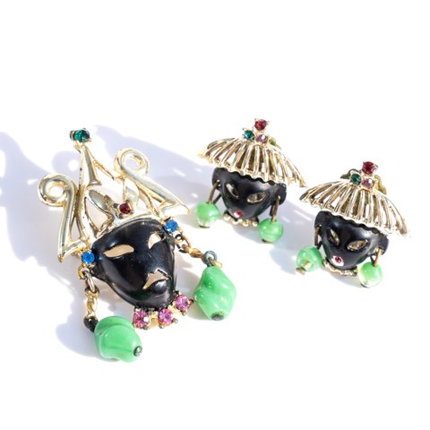 40s Vintage tribal blackmoor earrings & brooch set