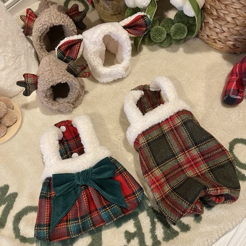 【クリスマスタータンチェックワンピース&ロンパース】 クリスマス / 犬服 / ハンドメイド / 秋冬 / いぬふく / ドッグウェア / ペットウェア / ドレス / Christmas