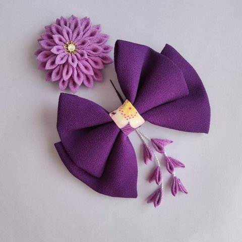 卒業式袴・和装・つまみ細工髪飾り・リボン&お花・紫