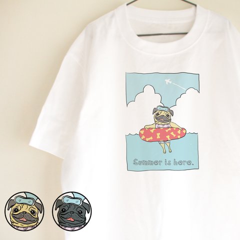 【メッセージ】パグ　海　Tシャツ　お出かけ T　親子コーデ　リンクコーデ　夏　浮き輪