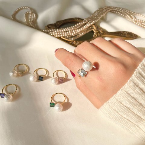 Crystal Pearl ring💍ゴールド