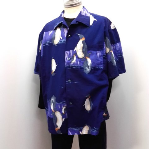 アロハシャツ 浴衣 着物 反物 ペンギン 模様 メンズL 春 夏 Aloha ハンドメイド 父の日 母の日