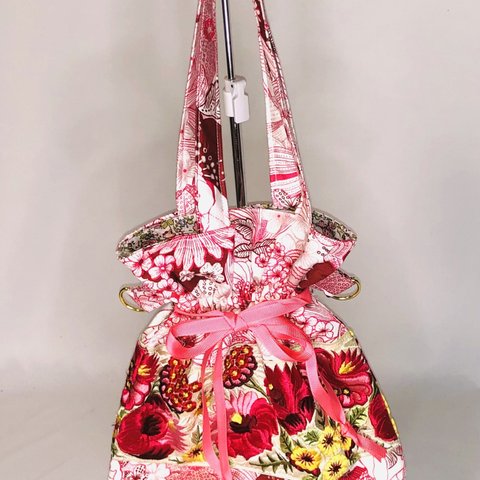 J  レトロフラワーリップ生地　大柄な花柄の巾着トートバッグ