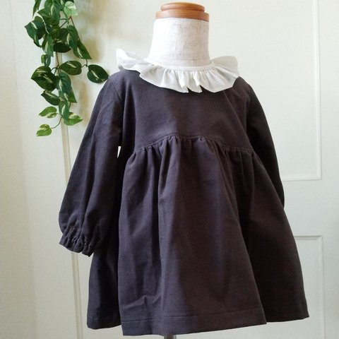 細コーデュロイ長袖ワンピース　チャコールグレー　ベビー服　80cm