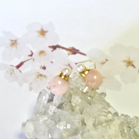 ＊此の花咲くや＊Pink opal × Freshwater pearl／金継ピアス／M size