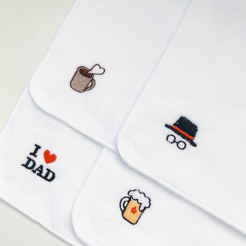 選べるワンポイント刺繍 4種類 ハンドタオル ビール コーヒー 帽子 メガネ I love DAD