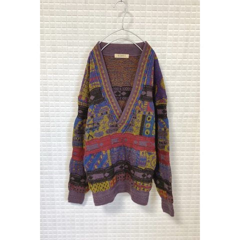 Vintage 80s retro colorful pattern V neck knit sweater レトロ ヴィンテージ 古着 カラフル 柄 Vネック ニット セーター