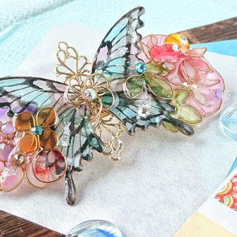 （8 cm金具）（B）夏祭りの命の蝶と金魚バレッタ（（hair ornaments of 【Life of butterfly】 and gold fish）.