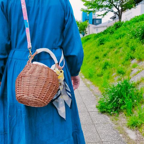 【レトロスカーフ付き】夏のショルダーかごバッグ　カタヒモ選べる　ショルダー　レトロスカーフ付き