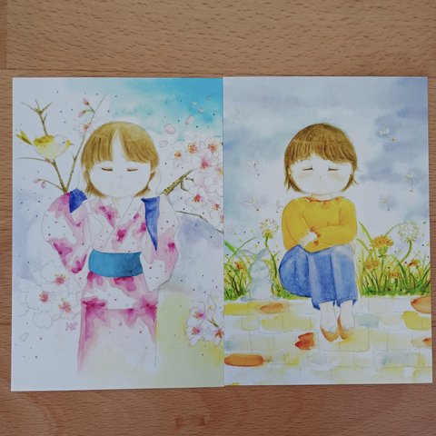 女の子と桜＆女の子とたんぽぽ（ポストカード）