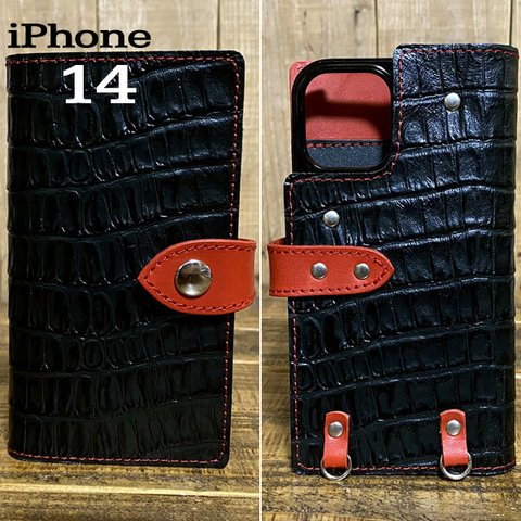 手帳型 スマホケース iPhone 14 用 革 スマホショルダー ハードカバー クロコ型押し ブラック レッド 赤糸