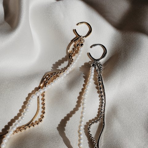 Pearl & Chain Long Earcuff パールスネークチェーンボールチェーンロングイヤーカフ ゴールド シルバー