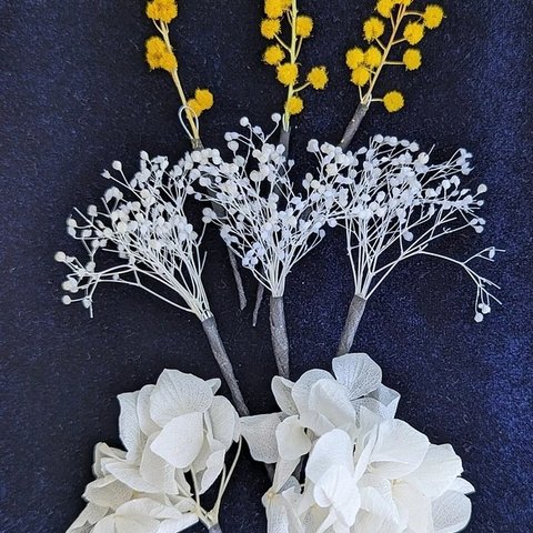 ミモザとかすみ草　ホワイト紫陽花のヘッドドレスセット　髪飾り　ドライフラワー　アンティーク　成人式　結婚式　卒業式