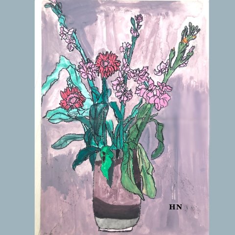 小学生絵画　赤とピンクのお花