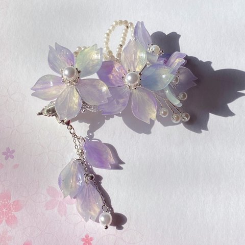 夜桜のヘアクリップ　オーロラ紫色