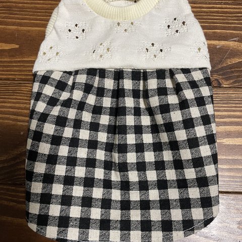 犬服！レースニットとギンガムチェックのワンピ　ブラック☆XS.S.M