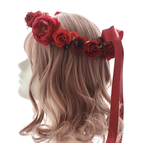 花冠　花かんむり　赤　赤色　還暦　還暦祝い　ヘッドドレス　ヘアアクセサリ　結婚式　ウェディング　発表会　パーティー