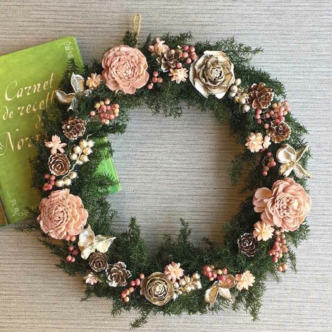 一点物【クリスマスにも】pink gold christmas wreath　２９cm