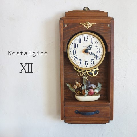 【送料無料】NOSTALGICOⅫ #012 レトロな掛け時計　Mサイズ 手作り品 アンティーク調 木製　インテリア