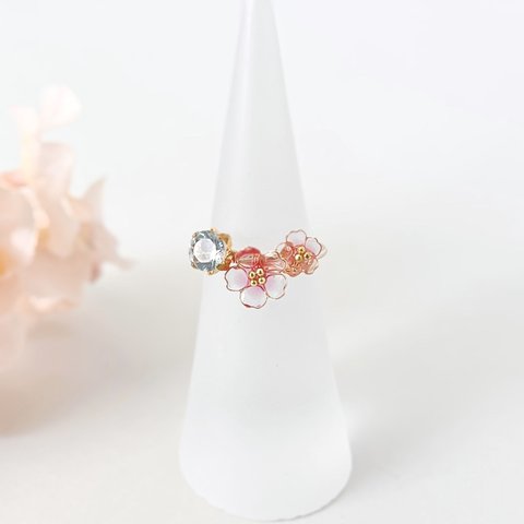 -Jewelry Flower-桜  さくらとアクアマリンのワイヤーリング