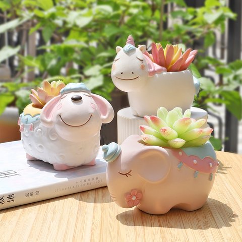 かわいいキャラクター動物 植木鉢 小型 卓上用 多肉植物用フラワーポット ペンホルダー クマ 羊 象 ユニコーン 花器 収納 装飾品