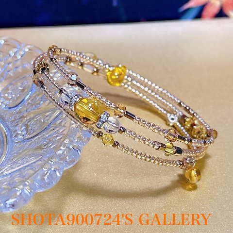 💛［再販5］もみじ回廊からの贈り物🎁　5A  シトリン　3連　ワイヤーブレスレッド　天然石　#minne_new  Swarovski  #シトリン