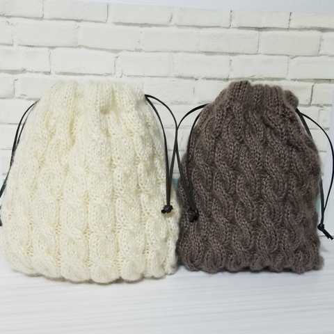 冬アイテム❤️模様編みふわふわ毛糸の巾着バック