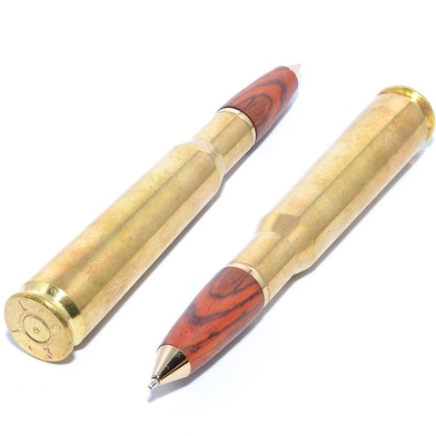 実弾（薬莢）の木製の回転式ボールペン（ブラウンやブラック系の色の木材；真鍮＋24金のメッキ）