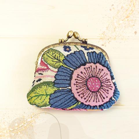 POPな花柄ブルー&ピンク　ゴブランがま口ポーチ·お財布