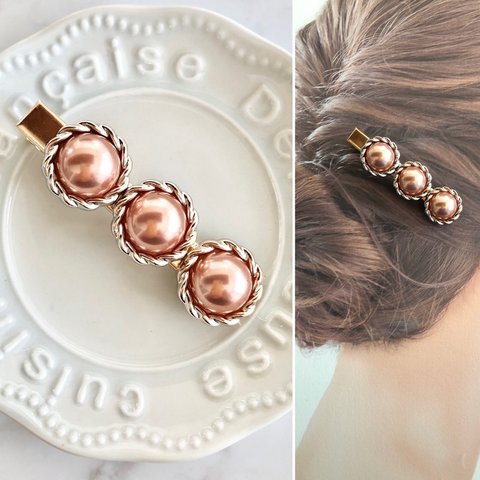 アンティークパール ブラウン 茶色 髪留め ヘアクリップ  ハンドメイド