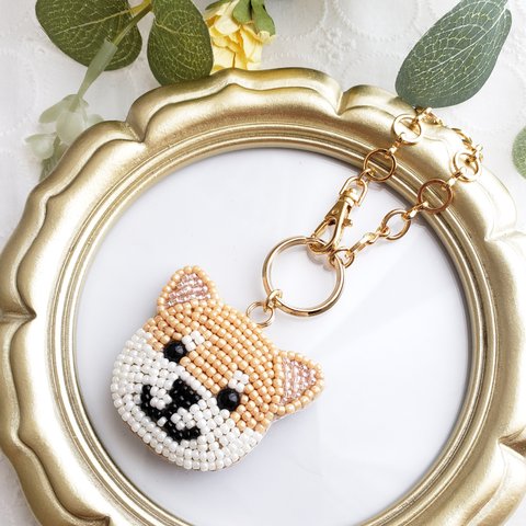 柴犬のビーズ刺繍バッグチャーム［受注製作］