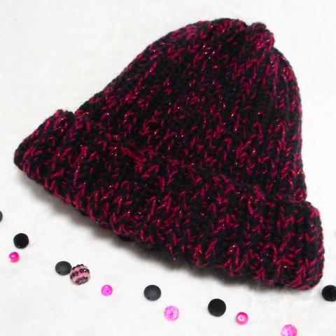 price↴並太ワインレッドの手編み帽子(ブラックとラメのレッド)