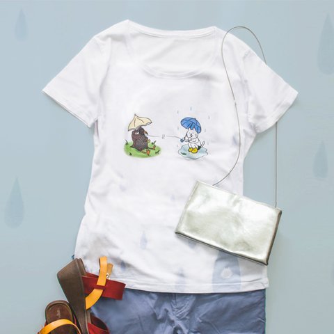 ネコぱん しずく模様の雨のち晴れTシャツ レディースLサイズ