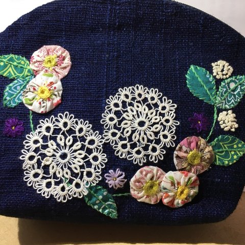 タティングレースと手刺繍仕上げ！古布のお花ポーチ