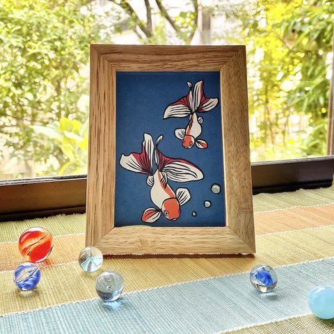 切り絵「金魚(藍)」