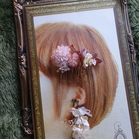 花の片耳イヤリングとアンティークフラワーのヘアコームS【セット】