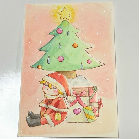 手描きイラスト オリジナル クリスマスツリーとサンタ