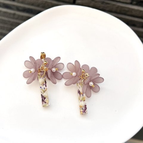 お花　レジン　ピアス　パープル💜